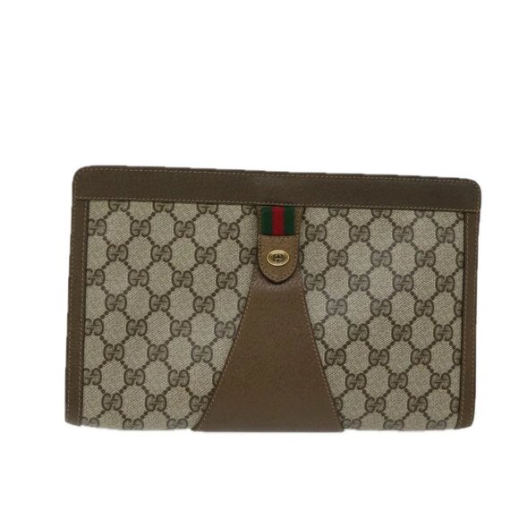 GUCCI GG Supreme Web Sherry Line Clutch Bag PVC Beige Red 89 01 033 Auth 68825 - Picture 1 of 14